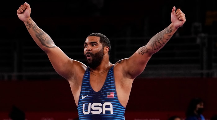 Olympic wrestler Gable Steveson celebrates.